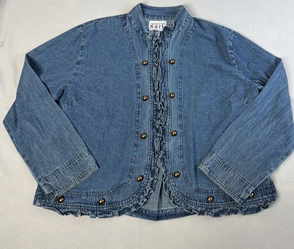 Keren Hart Denim Jacket Womens 3XL Ruffle Trim Blue Coastal Grandma Boho Vintage